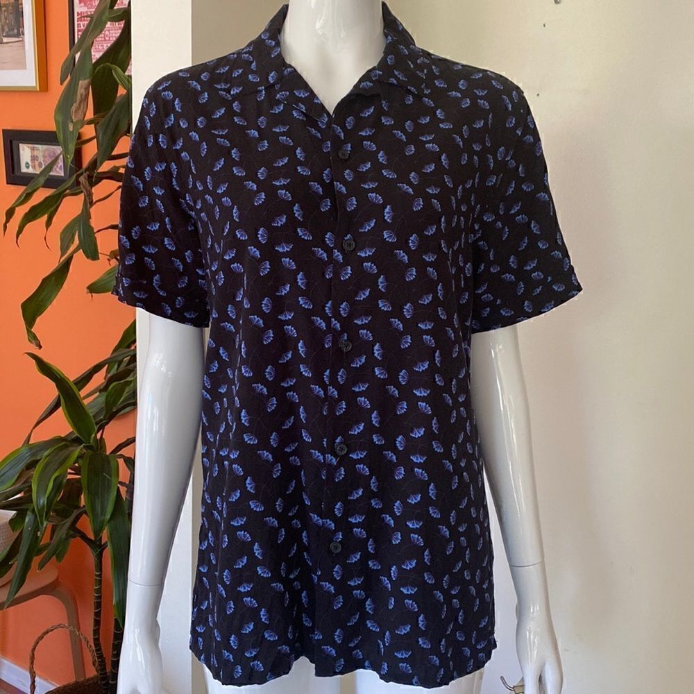 Toscano Firenze Black & Blue Gingko Leaf Print Button Down Shirt Size Small